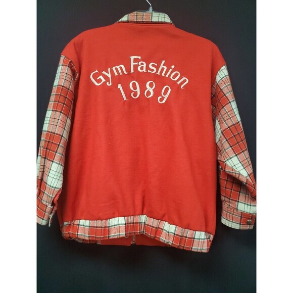 Gym Fashion Varsity Jacket Coat Red Plaid Sleeves Zip Up Unisex 1980s Vintage - Picture 8 of 8